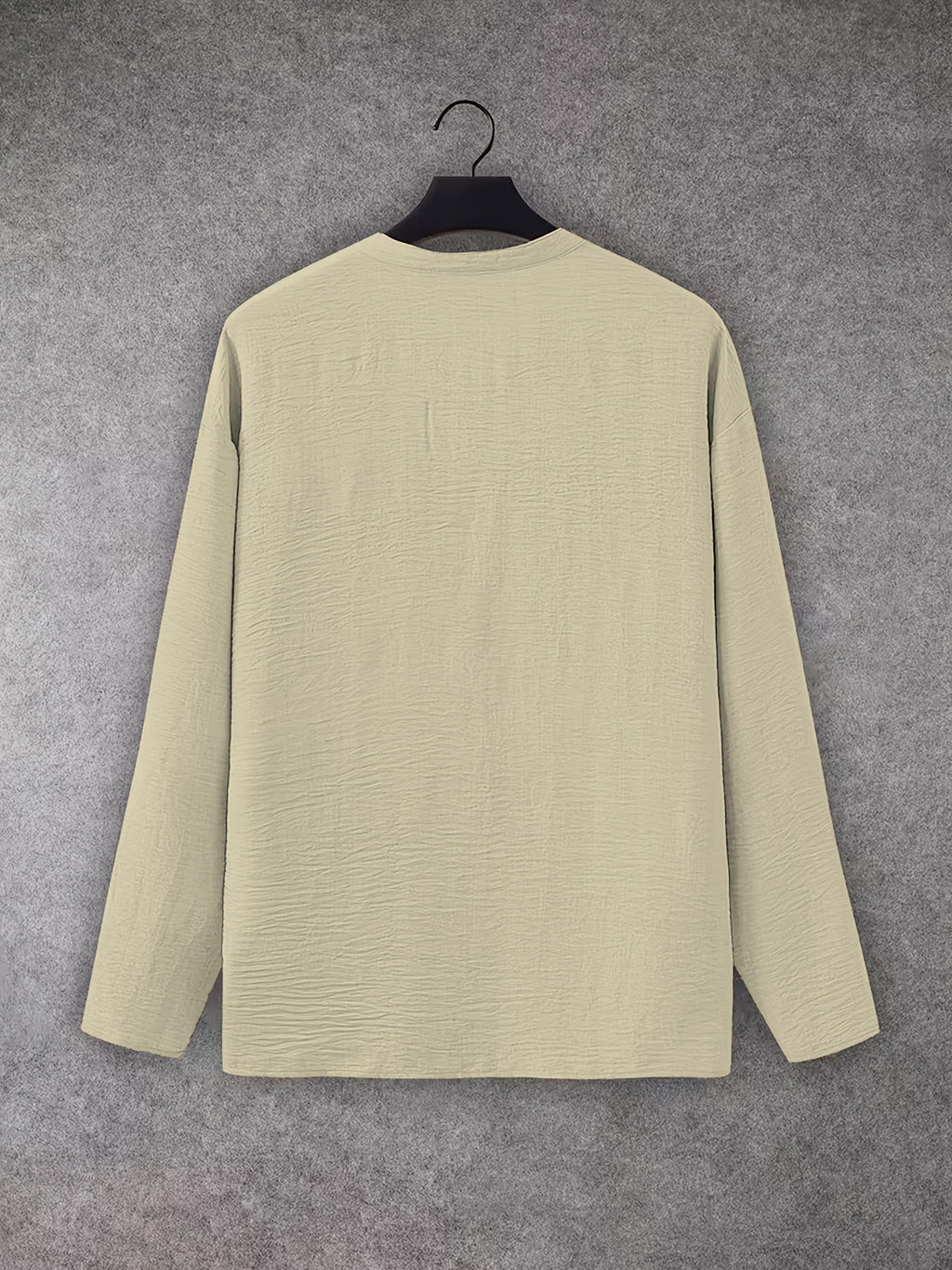 Men'S V-Neck Linen Long Sleeve T-Shirt, Loose Casual Pullover Top, Vacation Style Breathable Solid Color Beach Top - Khaki