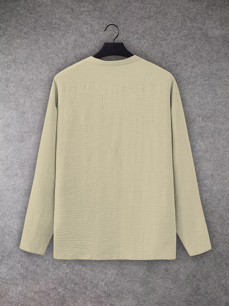 Men'S V-Neck Linen Long Sleeve T-Shirt, Loose Casual Pullover Top, Vacation Style Breathable Solid Color Beach Top - Khaki