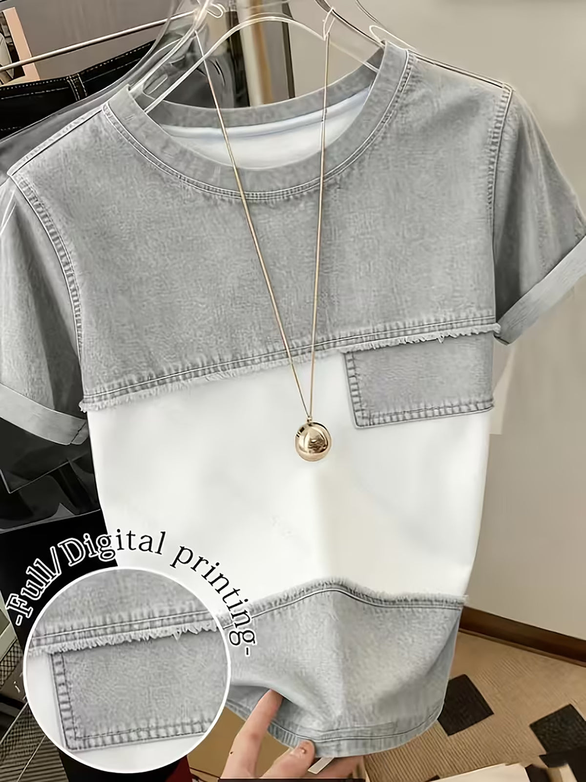 [Printed Pants - Not Denim Fabric] Women's All-Over Imitation Denim Print T-Shirt - Short Sleeve Round Neck -Compatible Top | Full-Body Denim Patchwork Design | Machine Washable Casual Summer Style Suitable for Spring/Summer Casual Attire & Layering - Grey