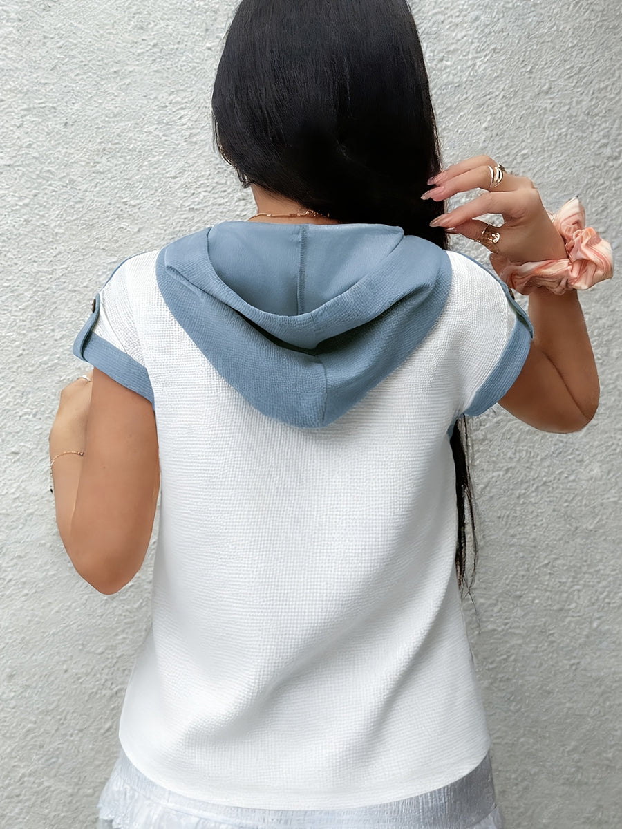 2026 New Women's Hoodie with Waffle Fabric Patchwork, Short Sleeves, Decorative Buttons, and Hood - White Blue