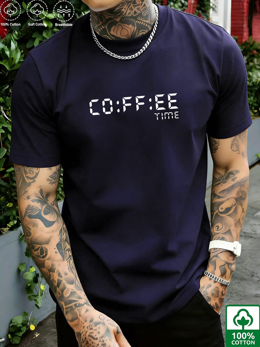 Pixel Art Style Coffee Time Men's Pure Cotton T-Shirt, "CO:FF:EE TIME" Letter Print, Features a Simple Everyday Vibe, Breathable and Skin-Friendly for No Sweaty Feel, High Elasticity with No Deformation, Versatile Crew Neck Fit for a Slimming Look - Navy Color