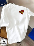Unisex Summer Loose Round Neck Short Sleeve T-Shirt, Suitable for Daily Commute, Street Outings, City Travel, Friend Gatherings, And Casual Wear, Large Area Distressed Cracked Superman Classic S Logo Artistic Print on Back - White