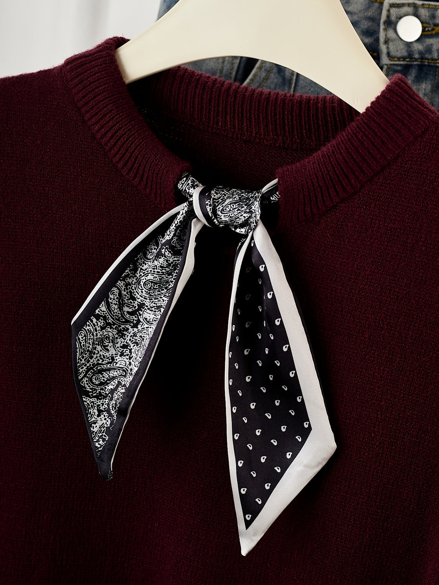Gray Short-Sleeve Sweater with Scarf Bow Tie Collar - Round Neck Blouse-Compatible Suitable for Layering or Outerwear, Medium Stretch - Sweater for Commuting, Office & Casual Wear, Hand Washable Solid Color - Burgundy