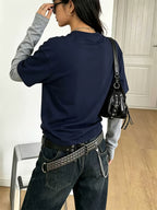 Women'S Spring Autumn Casual Printed Patchwork Loose Round Neck Long Sleeve - Navy Color