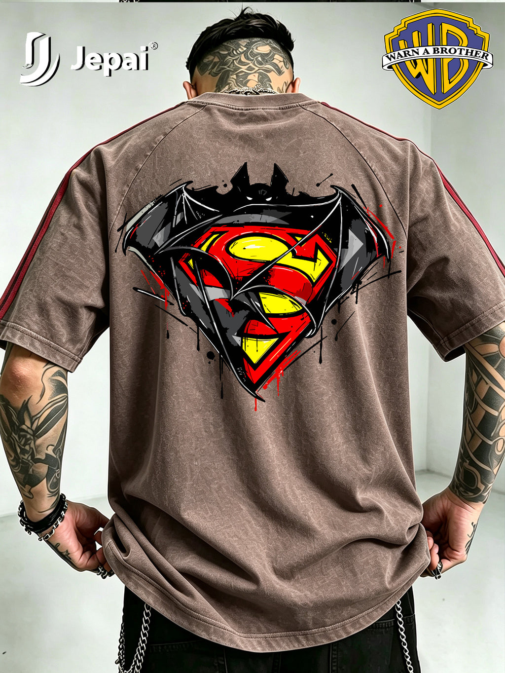 Official Warner Bros. Product, Hip-hop High Street DC Superman Batman Logo Print Stripe T-shirt, Loose Drop-shoulder Style Casual Summer Top, Machine Washable, Suitable for Daily Wear and Themed Events - Coffee Color