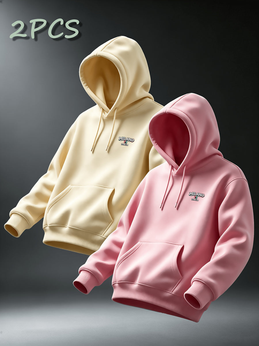 [Villa Le Water OBM] 2pcs Set MILANO Print Hooded Sweatshirt Men'S Loose Casual All-Match Pullover Long-Sleeve Hoodie - Apricot+Pink