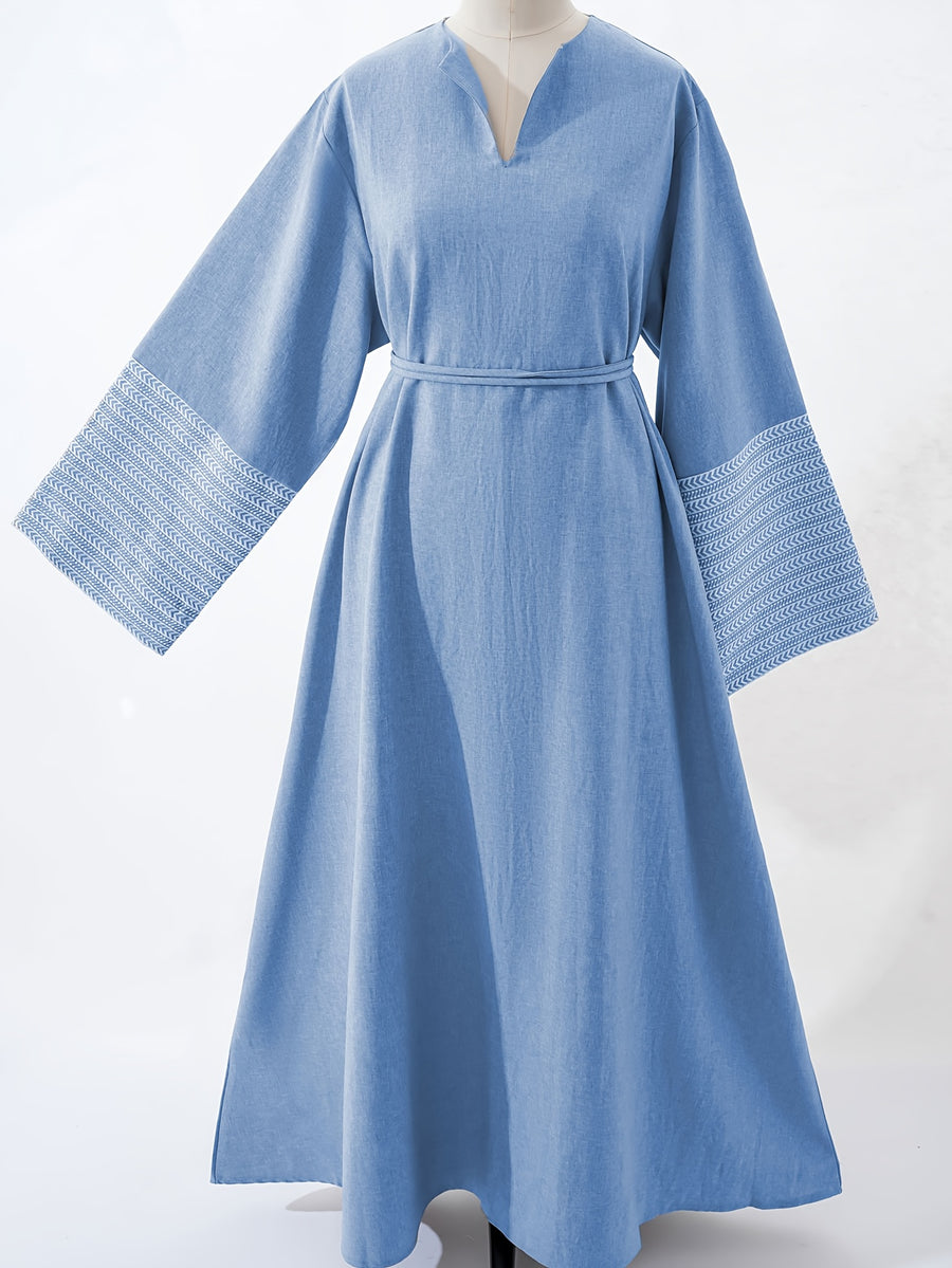 1pc Intricate Embroidery Arabian Ramadan Dubai Maxi Dress Casual Loose Abaya Muslim Women'S Ball Gown Dress Jalabaya - Royal Blue