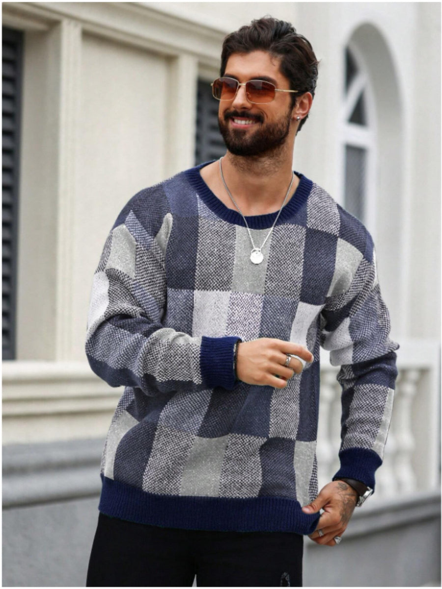 JANE DRESSINGLOG Men's Retro Casual Color Blocked Knitted Hoodie, Trendy Grid Color Block Splicing Long Sleeve Round Neck Warm Knitted Sweater, Suitable for Daily Street Commuting and Outing in Autumn and Winter - Navy blue color