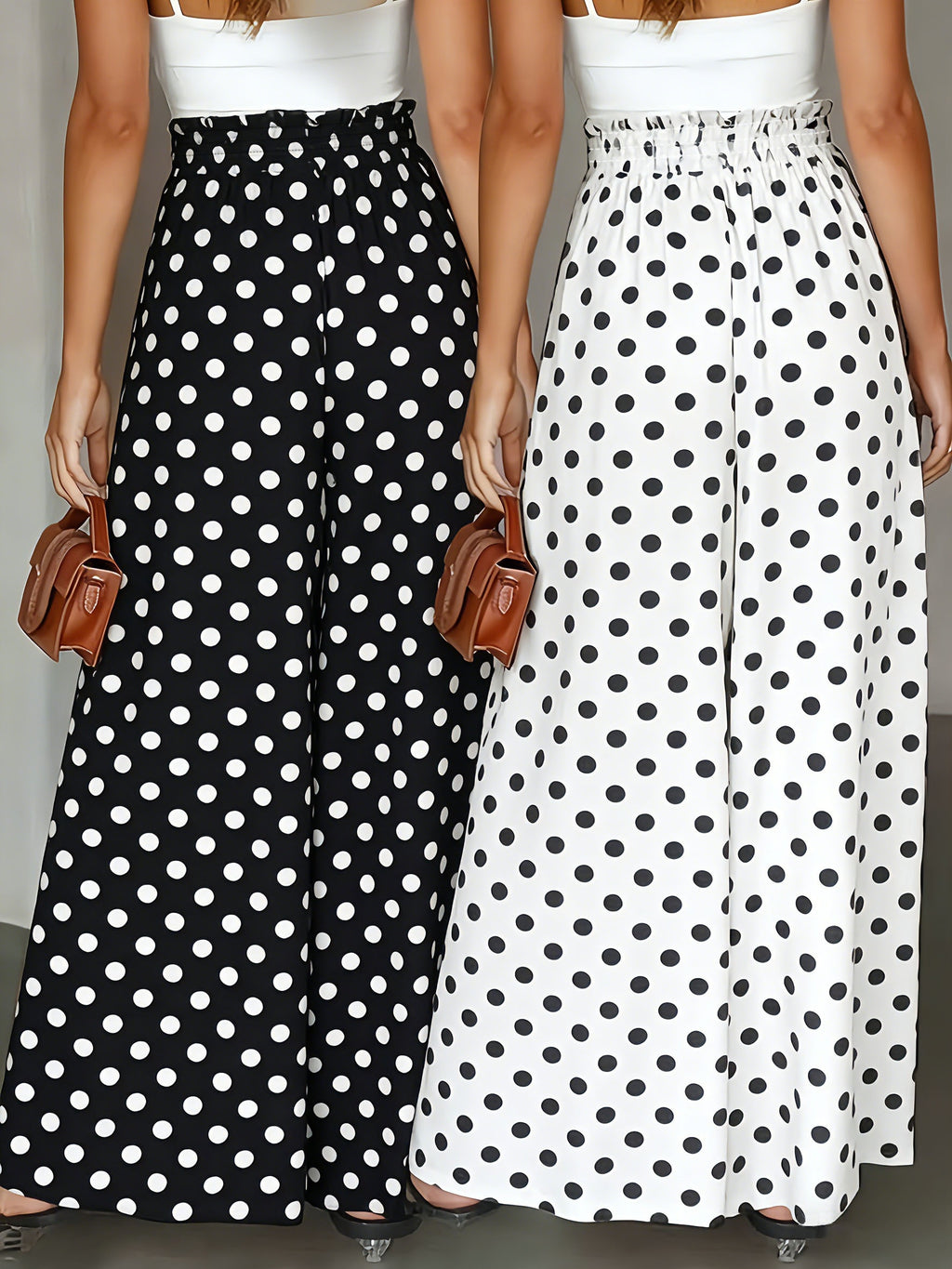 Fashionable Elegant Polka Dot Print Wide-Leg Pants, Commute Vacation Versatile Casual Trousers 2pcs Set - White Polka Dot + Black Polka Dot