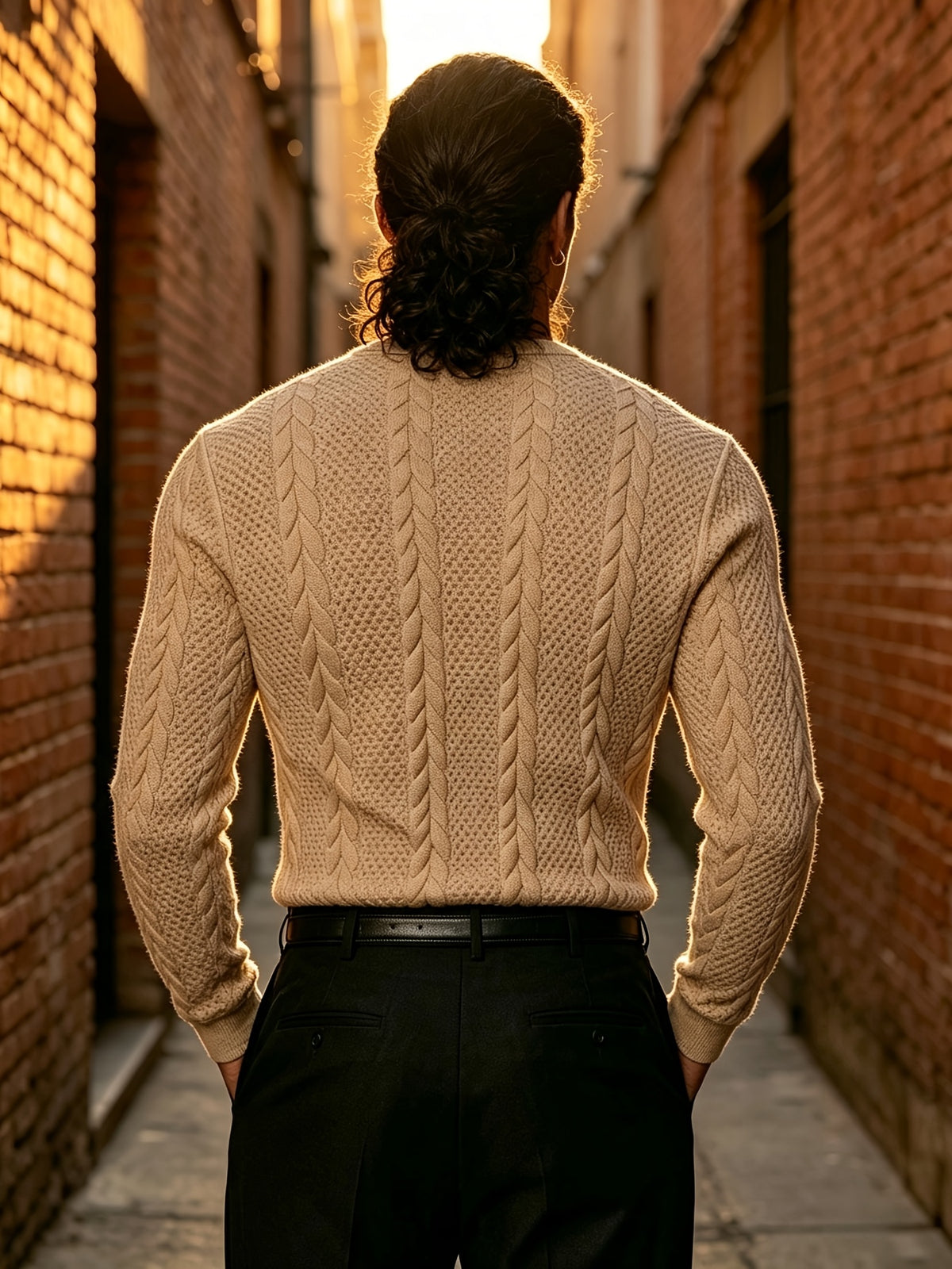 Back-To-School Season Men'S White Stretch Knit Long Sleeve Top, Henley Collar Pinstripe Textured Button-Up Shirt, Light Mature Korean Style Outfit, Early Autumn Fitted Style, Campus Outing And Weekend Shopping Knitwear - Khaki