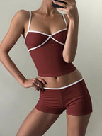 This Comfortable and Versatile Tank Top and Shorts Set Is Perfect for Wearing at Home. - Burgundy