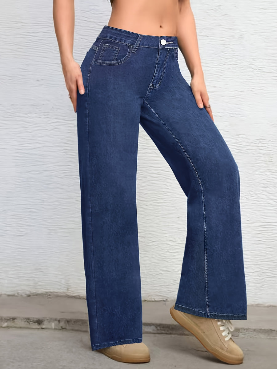 Women'S Low-Rise Straight-Leg Denim Jeans - Deep Blue Casual Pants with Pockets, Stretch Fabric, Loose Fit for All-Season Wear, Versatile for Outings & Home Leisure, Allseason Jeans | Straight Leg Jeans | Comfortable Wear - Deep Blue
