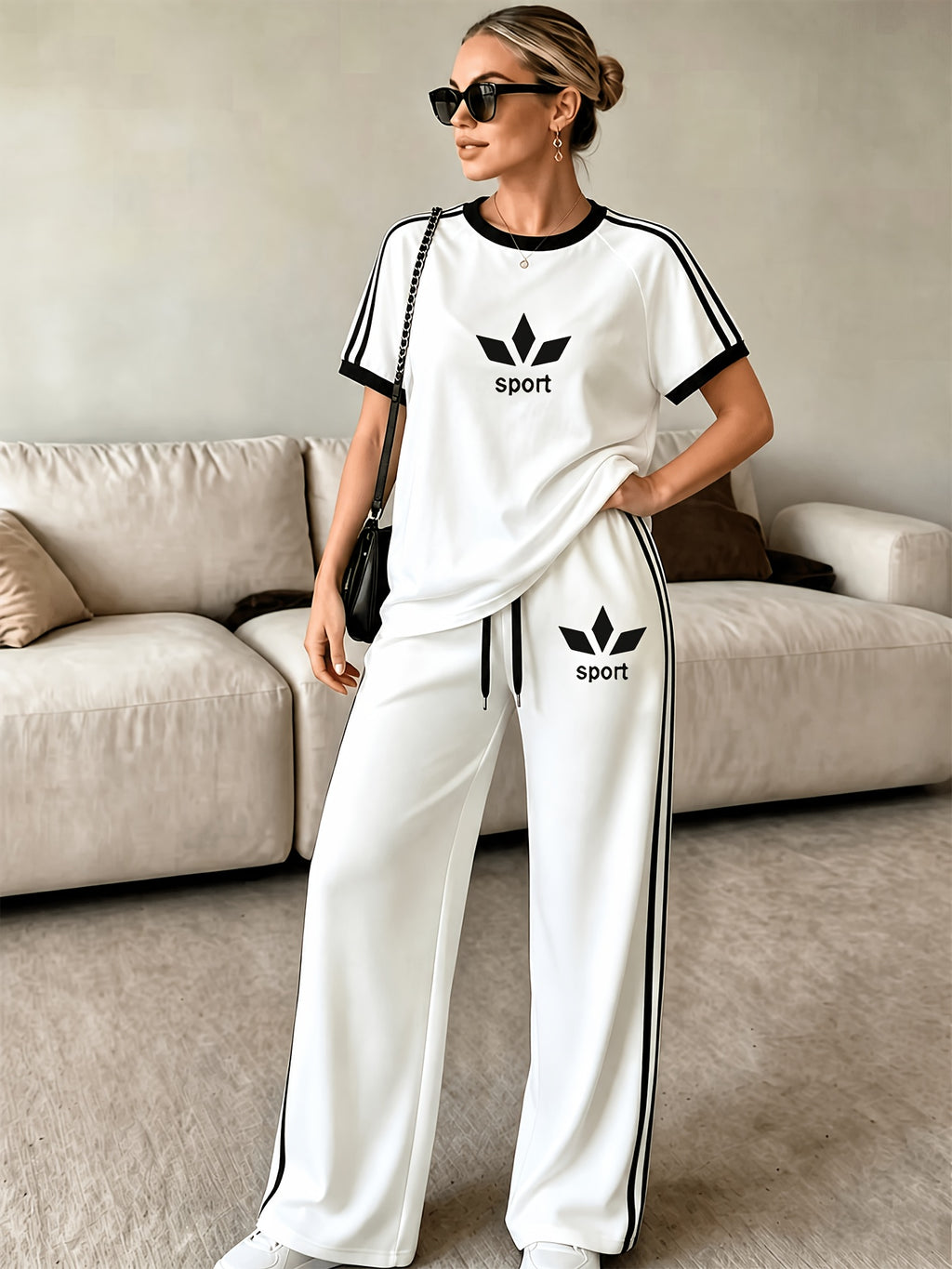 2pcs Set of Barcode Women'S Short Sleeve Long Pants, Printed Color-Block Comfortable Soft Casual Outdoor Sports Set Long Sweatpants Short Sleeve Top - White