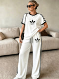 2pcs Set of Barcode Women'S Short Sleeve Long Pants, Printed Color-Block Comfortable Soft Casual Outdoor Sports Set Long Sweatpants Short Sleeve Top - White