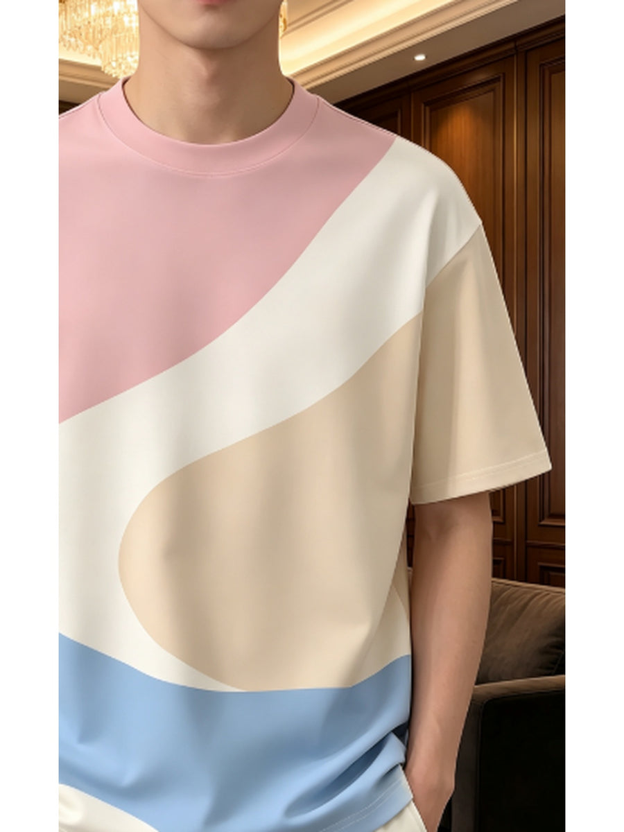 Men's Digital Print T-Shirt, Abstract Print T-Shirt, Suitable for Summer Outings, Fresh and Pleasant Men's Color Block Patchwork Abstract Print T-Shirt, Suitable for Summer Outings, Fresh Dopamine Colors - Mixed colors