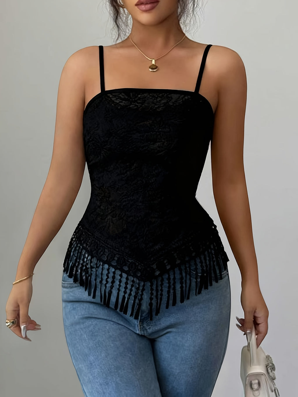 2026 Vintage Lace Camisole for Women with Fringe Hem, Embroidered Waist-Cinching Top, Niche Sexy Outerwear/Innerwear Layering Base Layer - Black