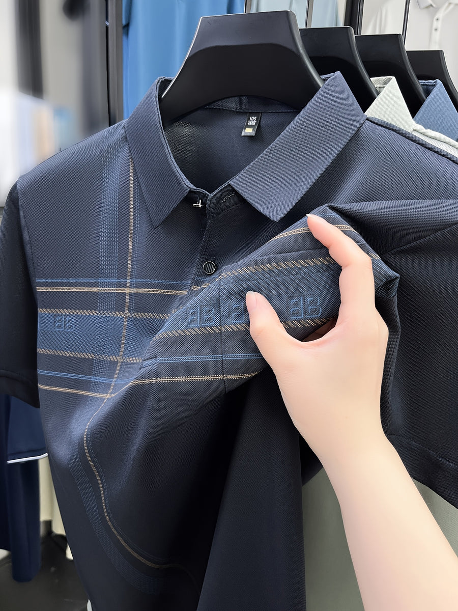 New Spring/Summer Men's Polo Shirt, Striped Contrast Color Half-Placket Single-Breasted Lapel Short-Sleeve T-Shirt, Men's Business Casual Fashionable Breathable Versatile Pullover Base Layer Top with Chest Pocket, Suitable for Spring and Summer - Navy Color