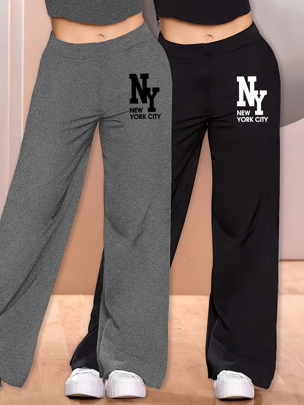 Elegant - 2pcs Women's Wide-Leg Casual Pants, Summer Lightweight Style, Letter Print - Black+Dark Grey