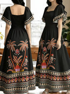 The Summer Floral-Themed Elegant Resort-Style Dress Features a Butterfly Wing Print Design, a Square Neckline And Short Sleeves, Is Equipped with a Waist-Cinching Design, And Has a Moderate Length - Black