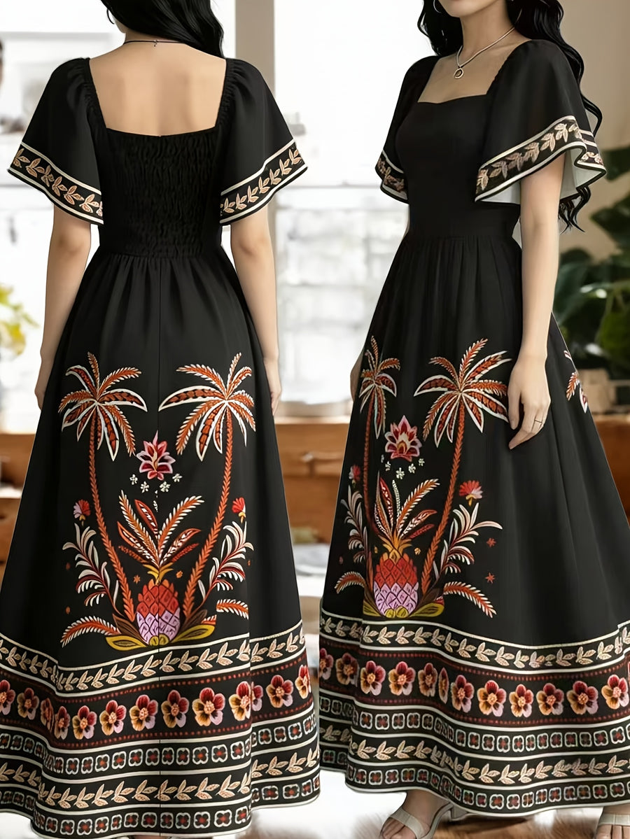 The Summer Floral-Themed Elegant Resort-Style Dress Features a Butterfly Wing Print Design, a Square Neckline And Short Sleeves, Is Equipped with a Waist-Cinching Design, And Has a Moderate Length - Black