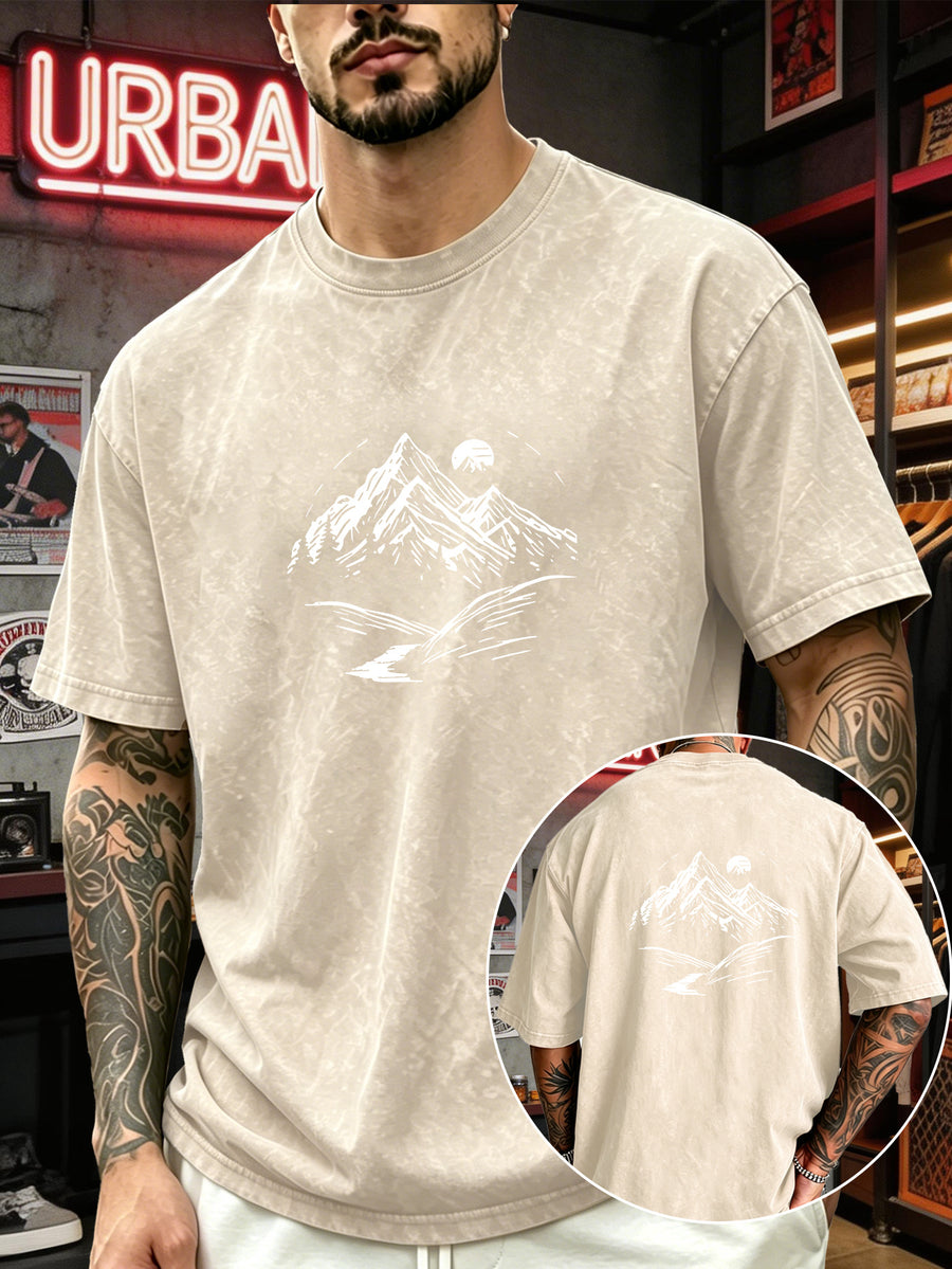 Men's Heavyweight T-Shirt Washed Distressed Fashion Print 2026 Summer New Urban High Street Hiphop Style Vintage Acid Wash Casual Gym Workout Top Pure Cotton Breathable Base Shirt - Apricot