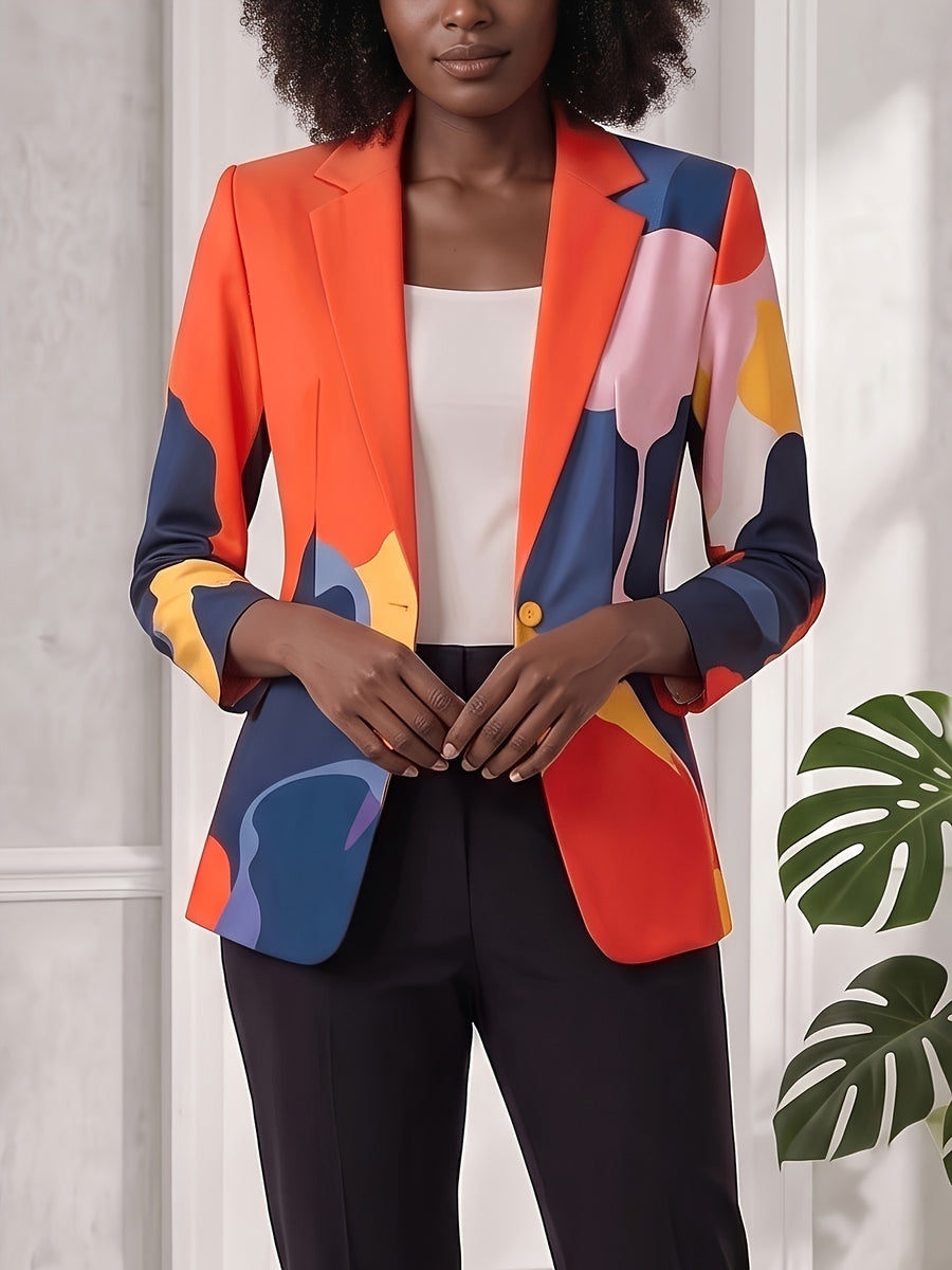 Elegant Women'S Casual Fall Winter Western Abstract Contrast Print Suit Women'S Slim Artistic Style Commuter Blazer - Mixed colors