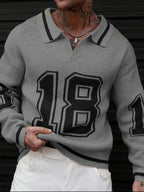 Men'S Polo Neck Knit Sweater with 18-Digit Pattern, Long Sleeve Casual Pullover, Retro Preppy Sporty Loose Fit Fall Winter Gray Top - Grey