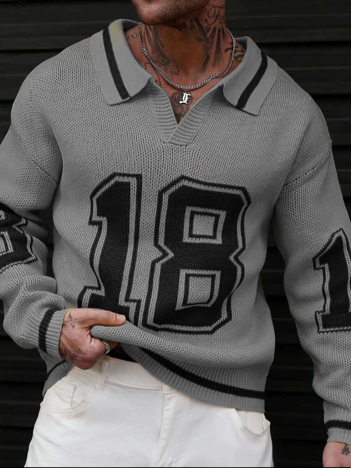 Men'S Polo Neck Knit Sweater with 18-Digit Pattern, Long Sleeve Casual Pullover, Retro Preppy Sporty Loose Fit Fall Winter Gray Top - Grey