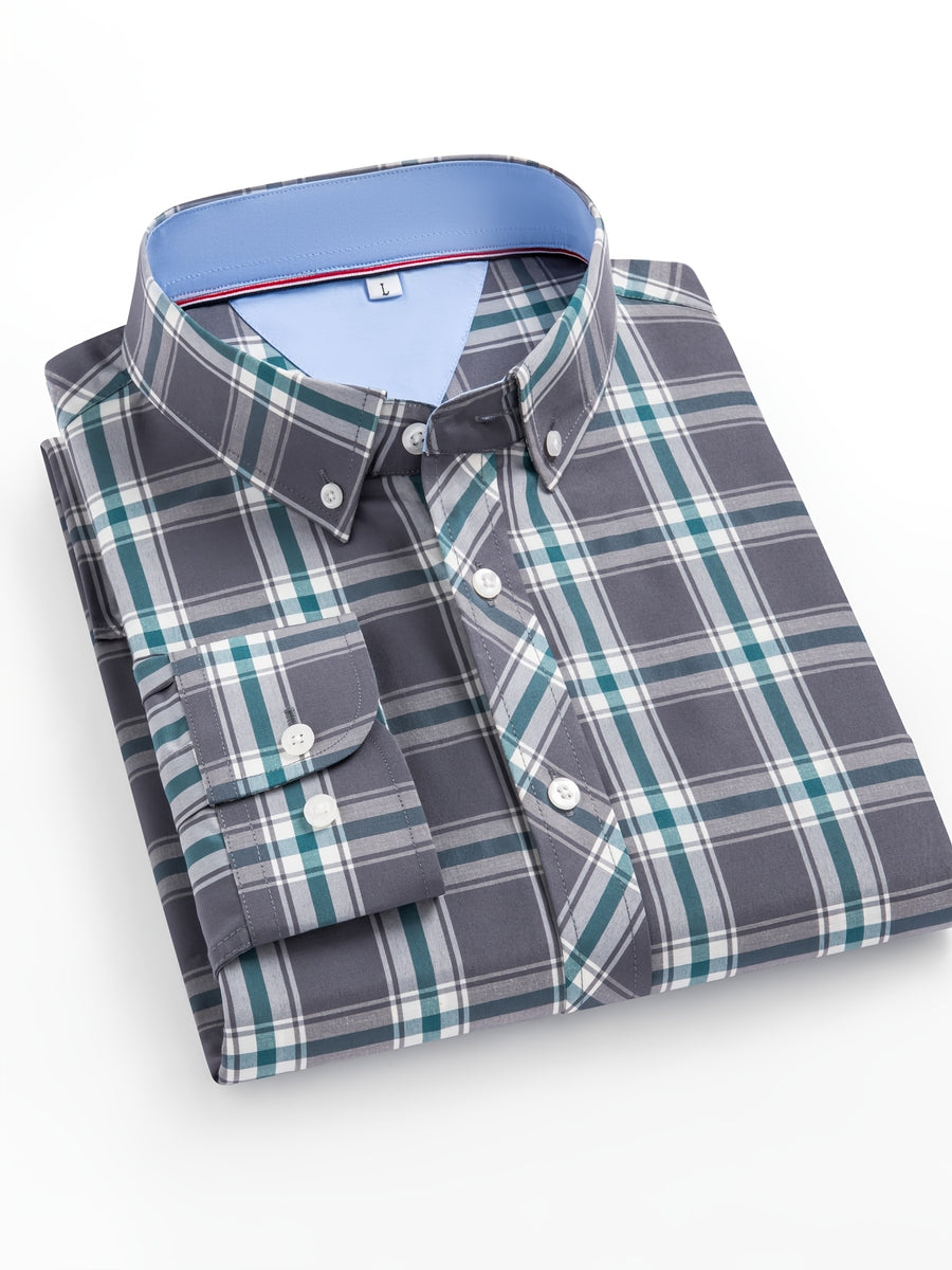 New Plaid Shirt for Men, Long Sleeve, European/American Sizing, Suitable for All Seasons and Commuting, Two-Tone Color Block Design, Four-Season Casual Shirt. Ideal for Men's Daily Wear, Vacation, Leisure, and Streetwear. The Casual Plaid Shirt - Green Gray Grid