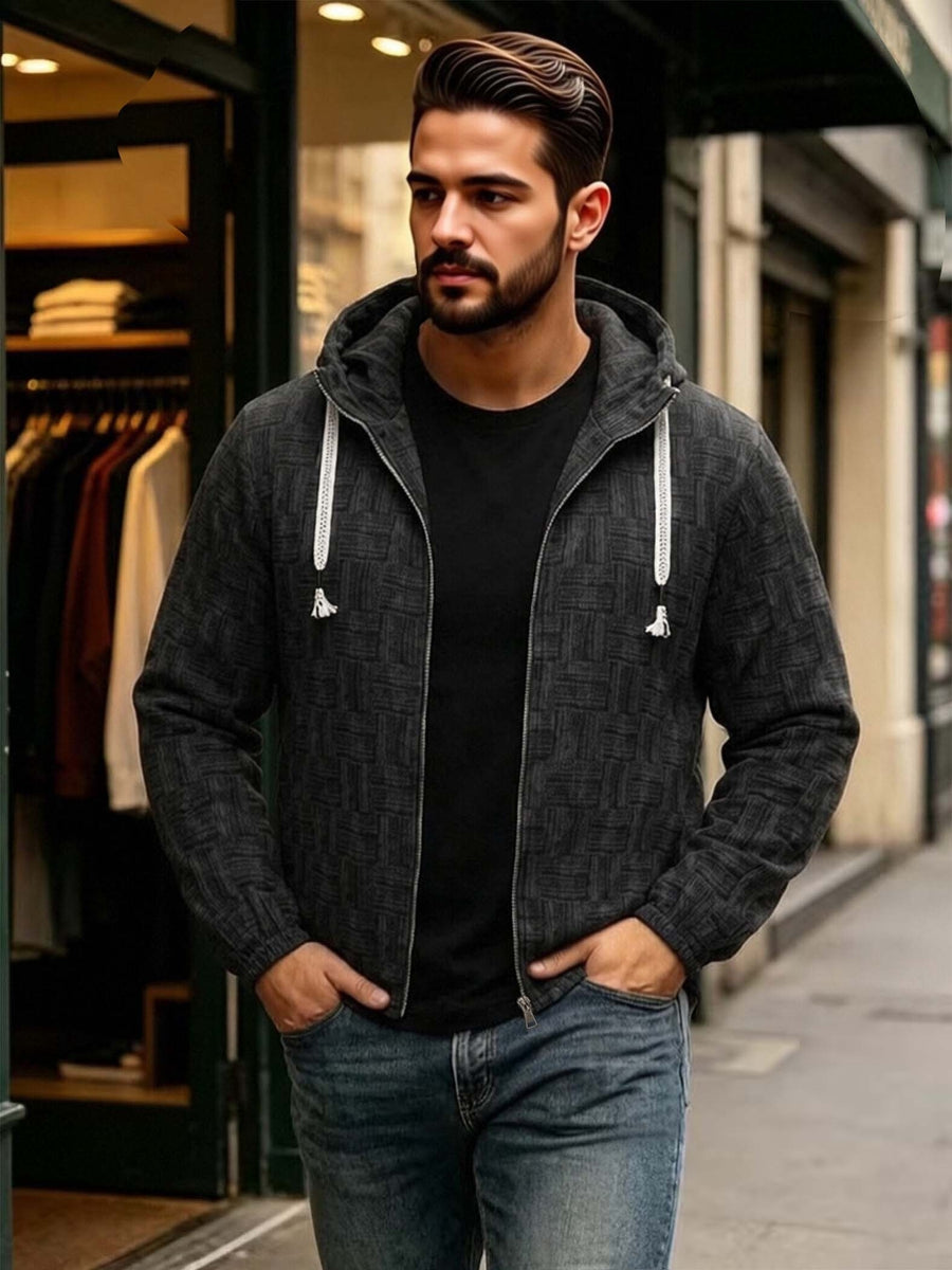 EXARUS Men'S Vintage Plaid Jacquard Hooded Zip-Up Jacket, American Casual Open Cardigan Hoodie, Individual Woven Texture Pattern, Tassel Decor Drawstring with Smooth Metal Zipper, Elastic Cuffs, Loose Casual Fit. Comfortable And Breathable Fabric - Black