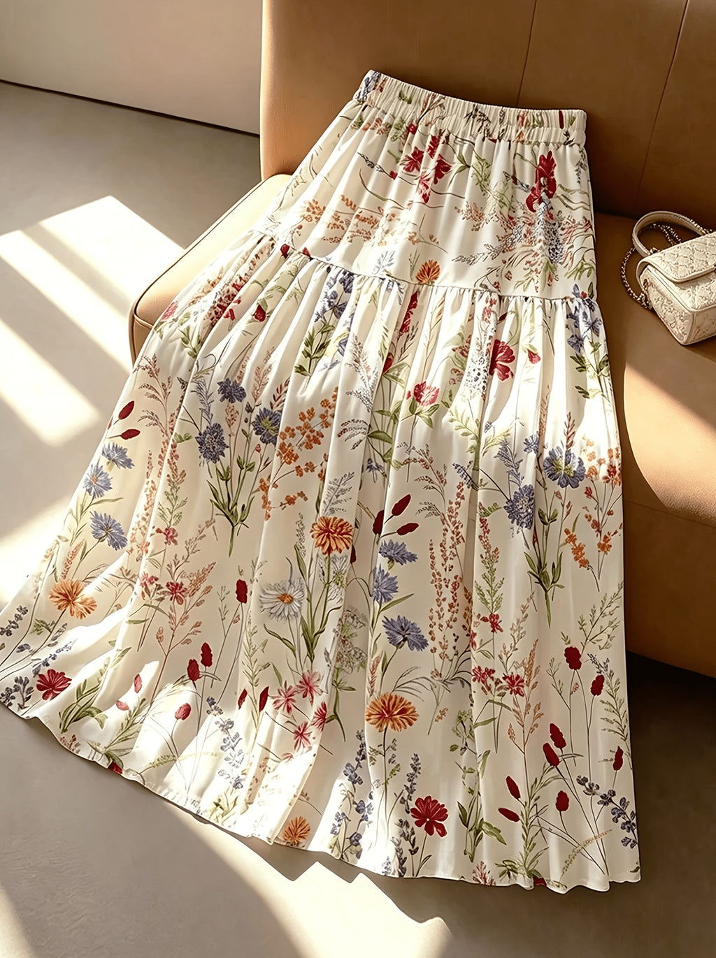 Women'S Multicolor Printed Elastic Waist Tiered Long Skirt, Beige, Spring Summer Fall Style, Bohemian Aesthetic, Picnic And Vacation Wear, Elegant Choice, Street Photography, Teacher Outfit - Off-white