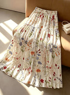Women'S Multicolor Printed Elastic Waist Tiered Long Skirt, Beige, Spring Summer Fall Style, Bohemian Aesthetic, Picnic And Vacation Wear, Elegant Choice, Street Photography, Teacher Outfit - Off-white