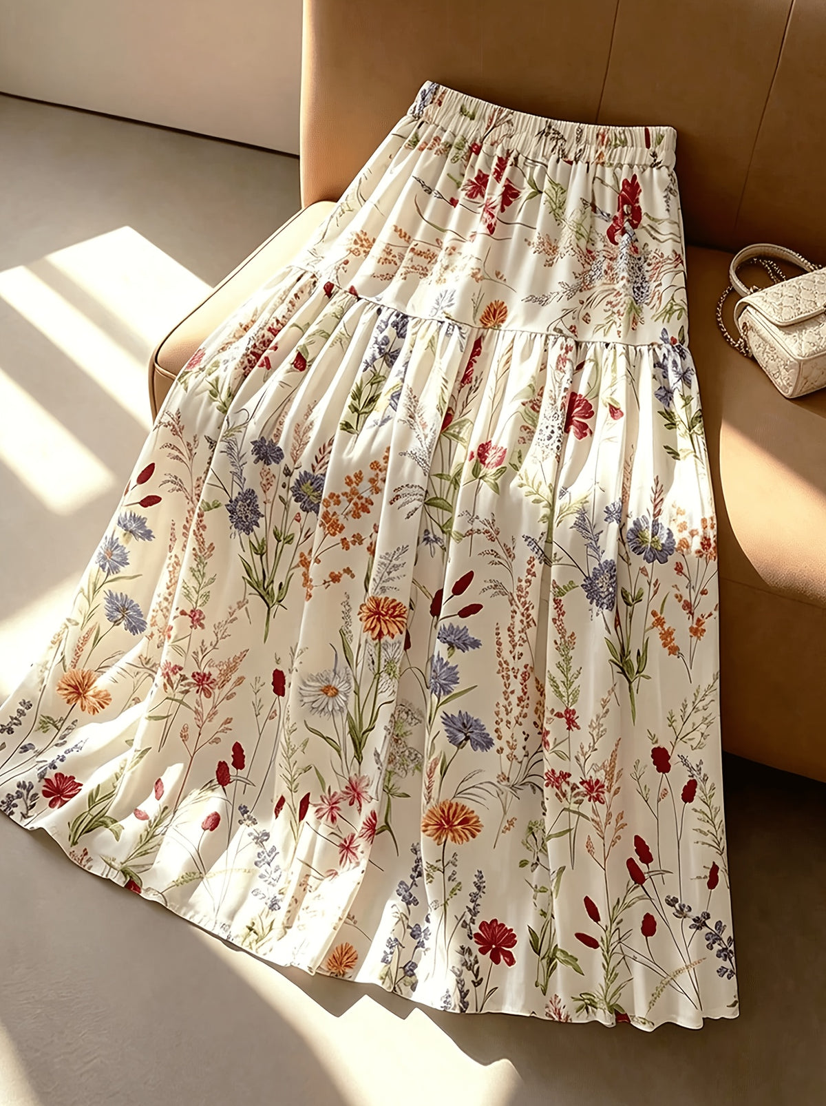 Women'S Multicolor Printed Elastic Waist Tiered Long Skirt, Beige, Spring Summer Fall Style, Bohemian Aesthetic, Picnic And Vacation Wear, Elegant Choice, Street Photography, Teacher Outfit - Off-white