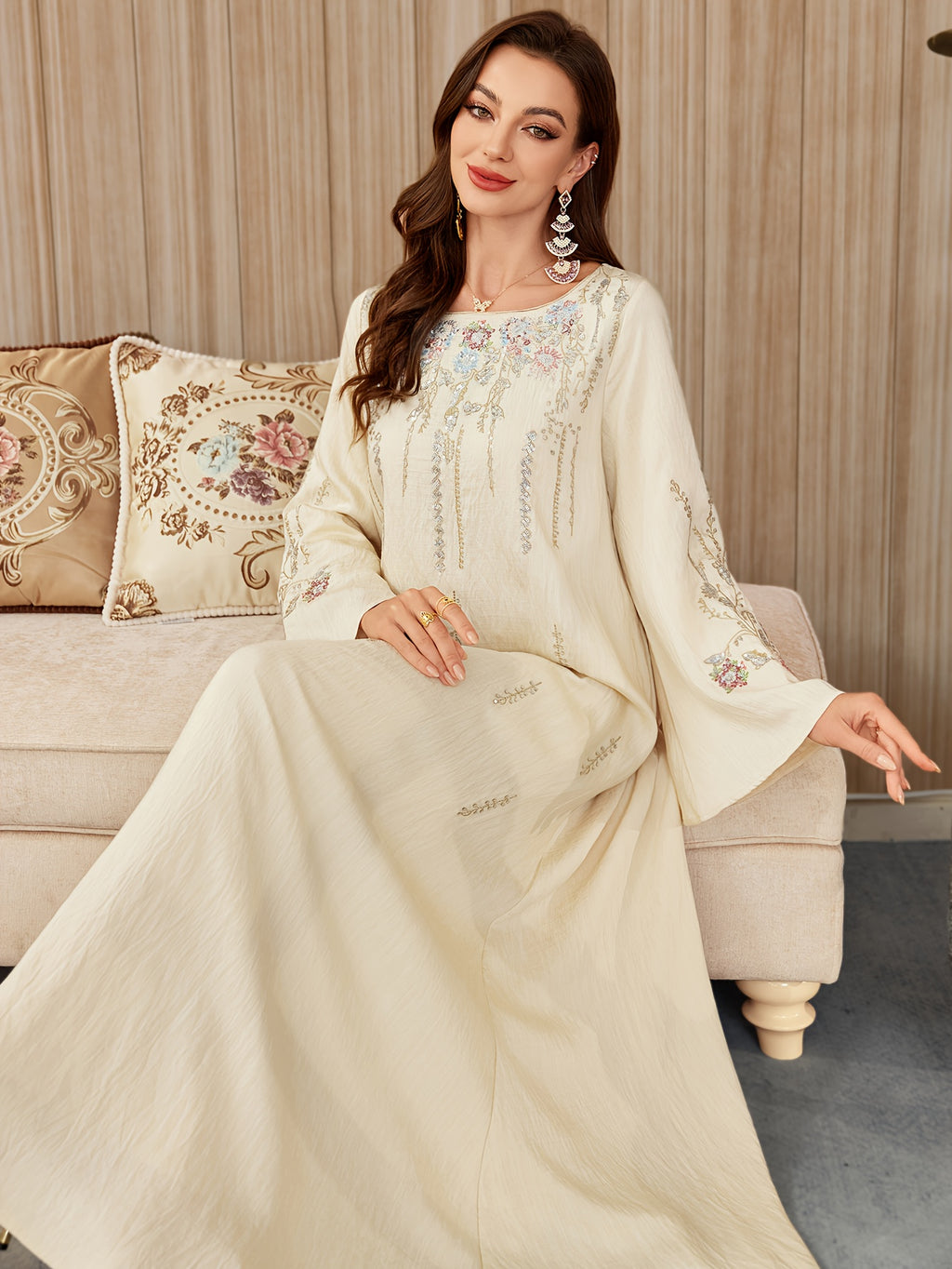 Al Najma Women ElegantEmbroidered Dress, MinimalistFashion Casual Daily Wear, Modest Kaftan - Apricot