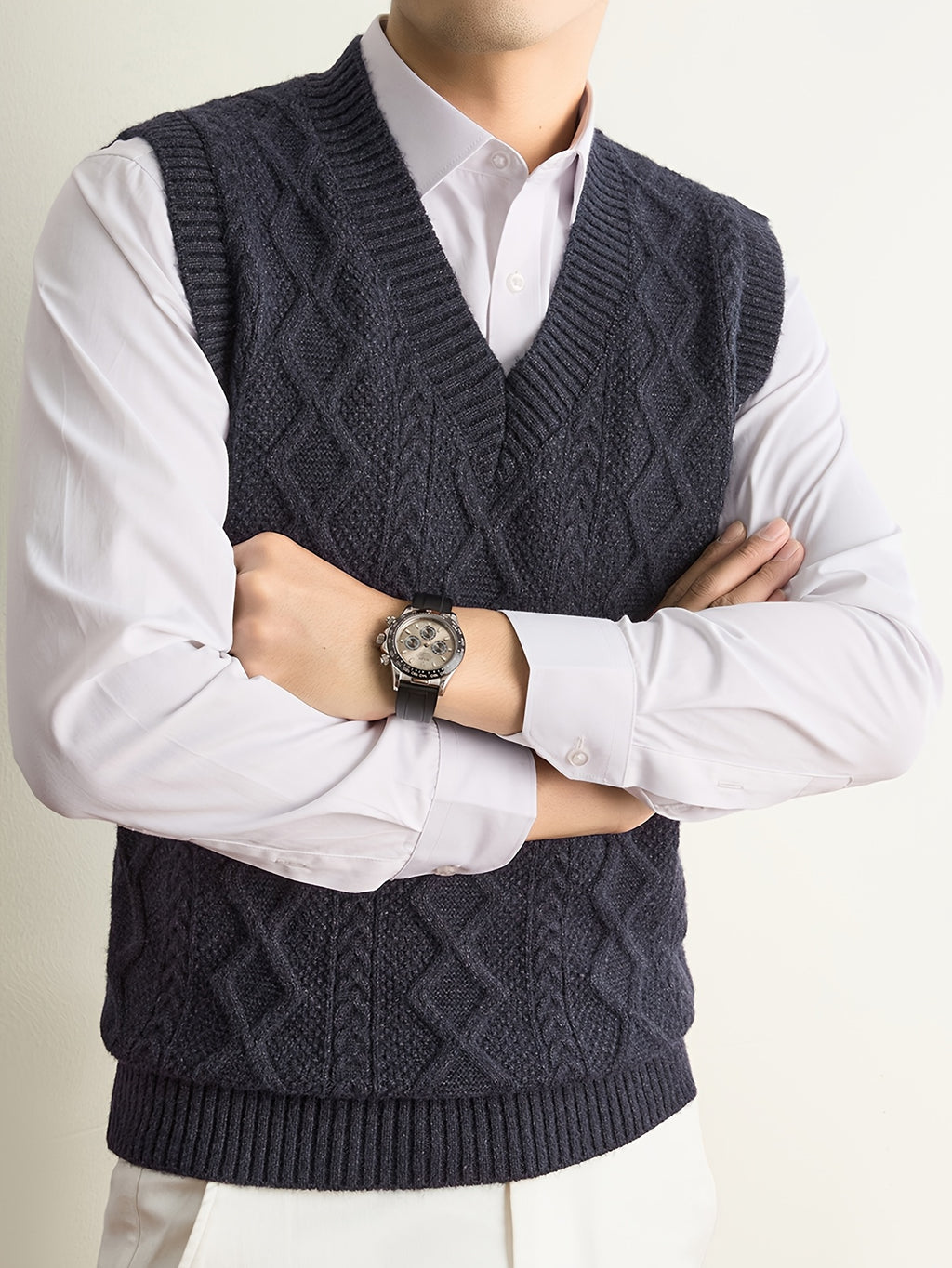 Men's V-neck Simple and Stylish Knitted Autumn/Winter Pullover Sleeveless Sweater Vest (Single Piece) - Black Gray