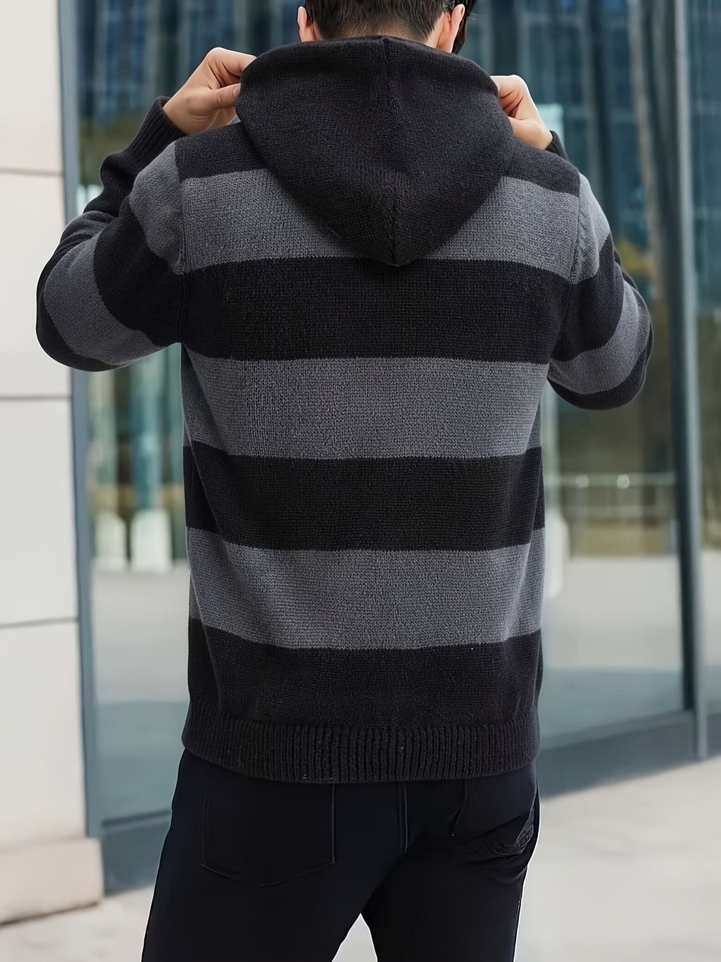 Men's Striped Hooded Knitwear Spring/Autumn Henley Collar Button Drawstring Pullover Sweater Casual Long Sleeve Color Block Top - Dark Grey And Black
