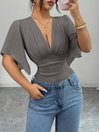 Ladies Elegant New V-Neck Texture Bust Pleats Ruffle Sleeves Slim Waist Elegant Jumpsuit, V-Neck Asymmetrical Cuffs Bodysuit Top - Grey