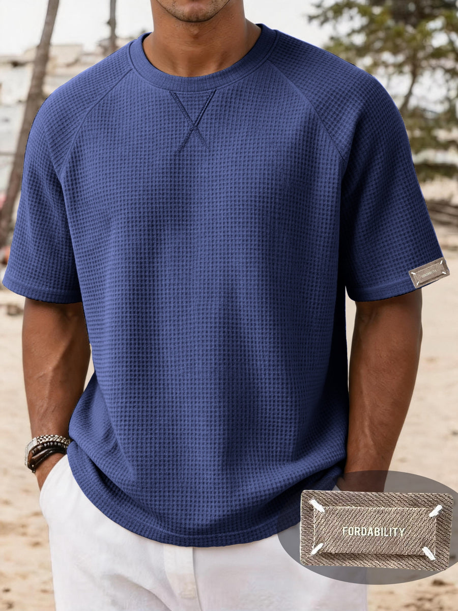 Men's Lightweight Waffle Knit Short Sleeve Shirt, Casual Crew Neck Textured T Shirt with Relaxed Fit Design, Breathable Comfortable Summer Pullover Top for Beach Vacation, Travel, Camping, Outdoor Sports and Casual Attire - Navy Color