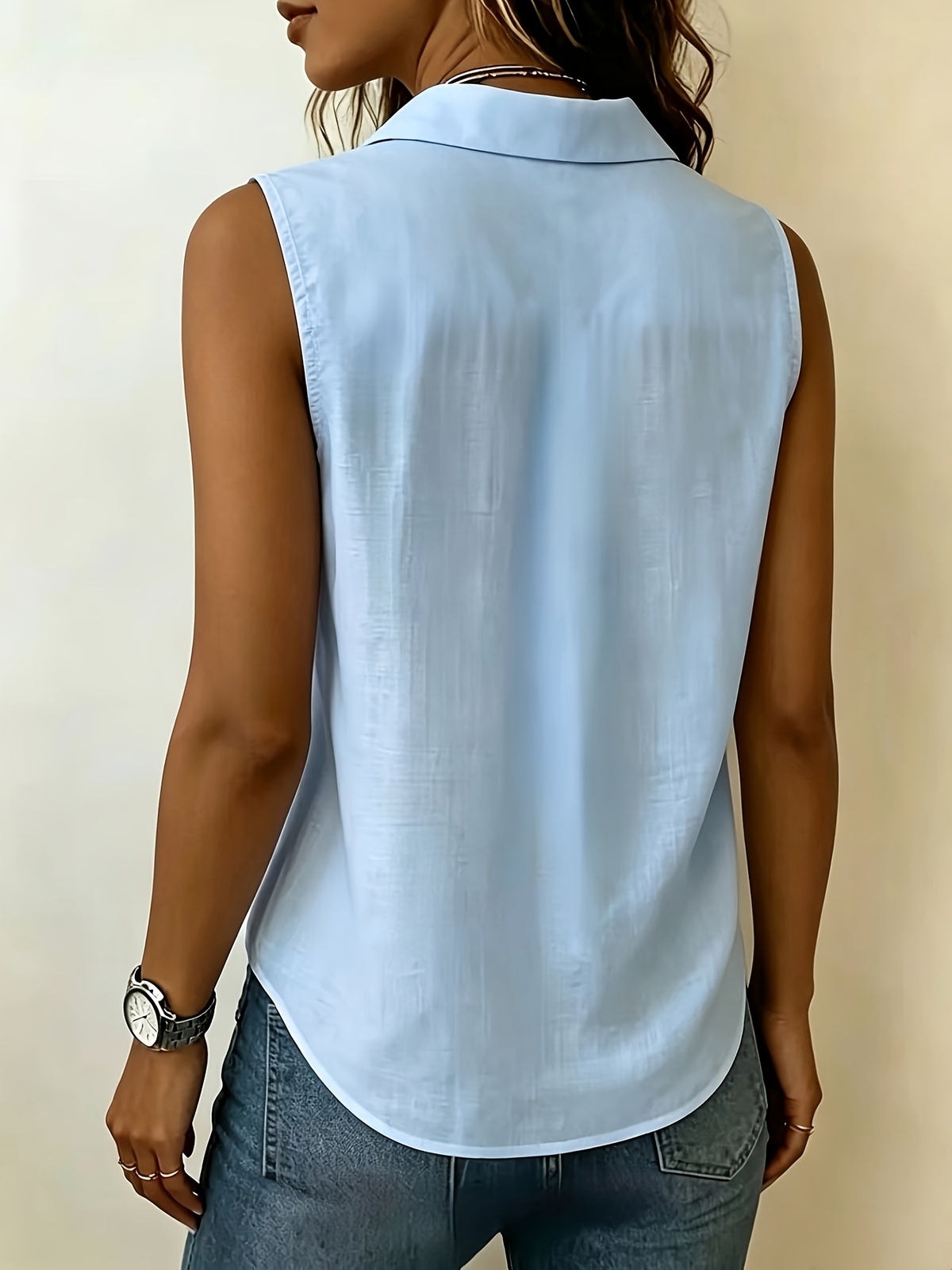 Pleated Design Statement Sleeveless Shirt, Women'S Lapel V-Neck Loose All-Match Summer Commute Top - Blue