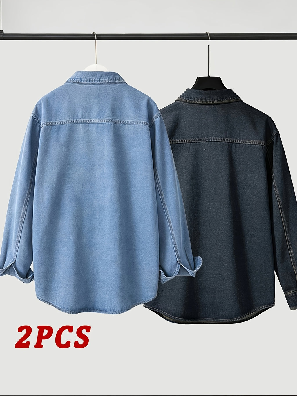 Spring/Autumn Men's Loose-Fit Streetwear Style Cool and Handsome Long-Sleeve Denim Shirt with American-Style Jacket Outer, 2pcs Set - Nostalgia + Light Blue