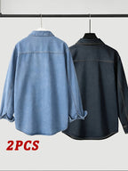 Spring/Autumn Men's Loose-Fit Streetwear Style Cool and Handsome Long-Sleeve Denim Shirt with American-Style Jacket Outer, 2pcs Set - Nostalgia + Light Blue