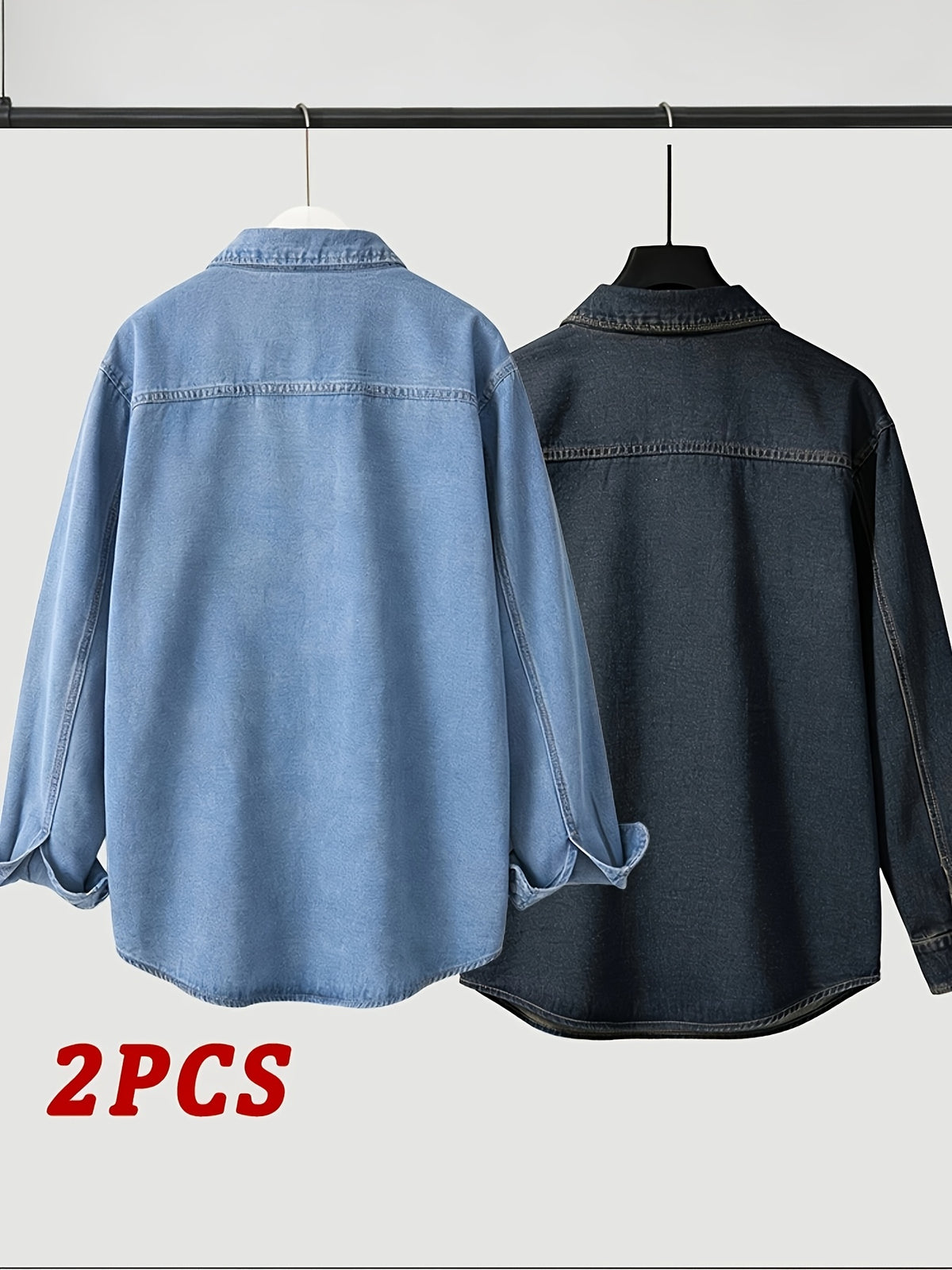 Spring/Autumn Men's Loose-Fit Streetwear Style Cool and Handsome Long-Sleeve Denim Shirt with American-Style Jacket Outer, 2pcs Set - Nostalgia + Light Blue