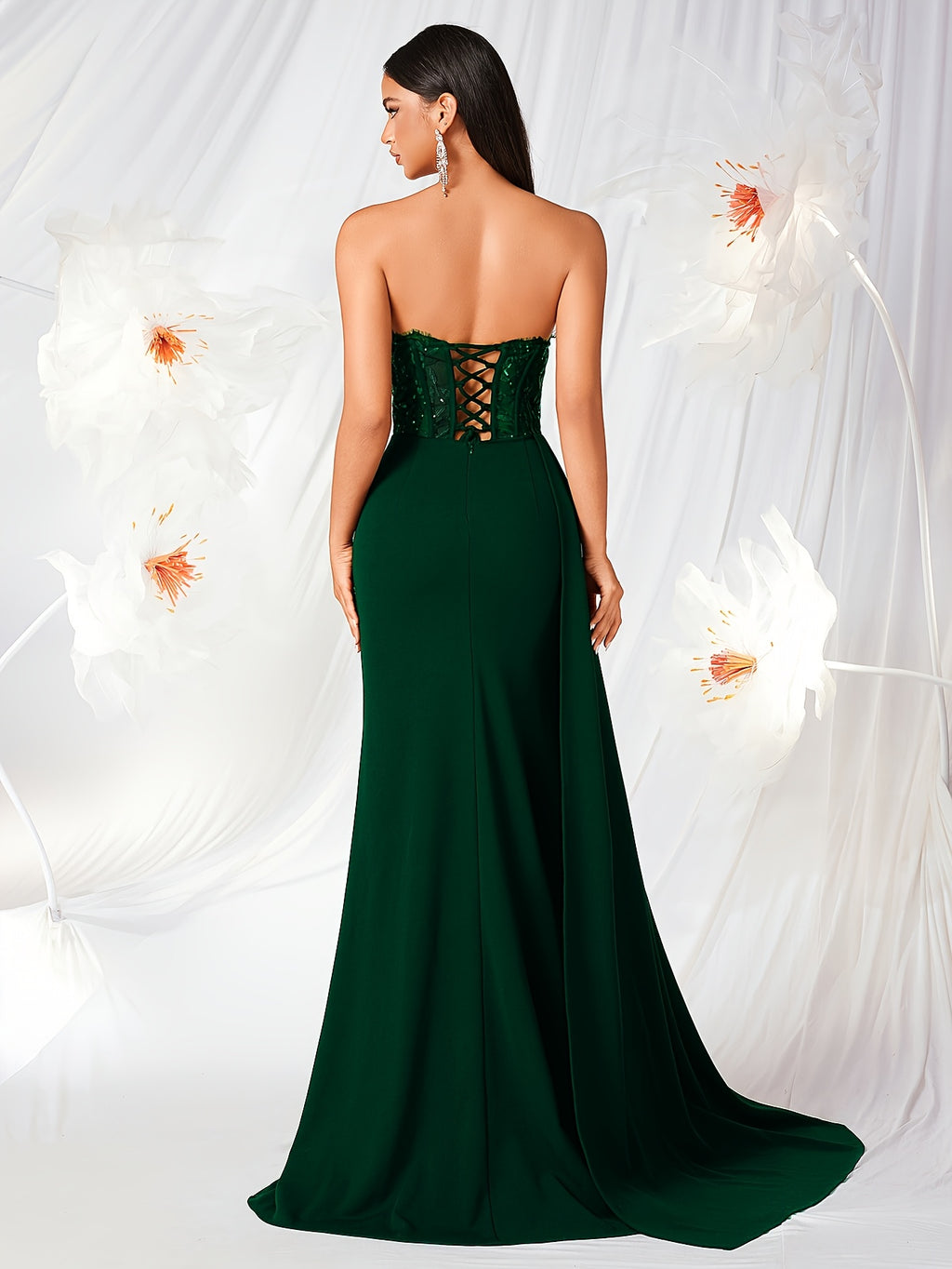 Tube Top with Small V-Neck, Mesh Panel, Sheer Long Ribbon, Slit, and Back Tie for Prom, Party, Formal Dress, Graduation Ball, Birthday Party, Evening Date, Back-to- Party, Wedding Guest, and Formal Dinner - Dark Green