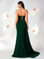 Tube Top with Small V-Neck, Mesh Panel, Sheer Long Ribbon, Slit, and Back Tie for Prom, Party, Formal Dress, Graduation Ball, Birthday Party, Evening Date, Back-to- Party, Wedding Guest, and Formal Dinner - Dark Green