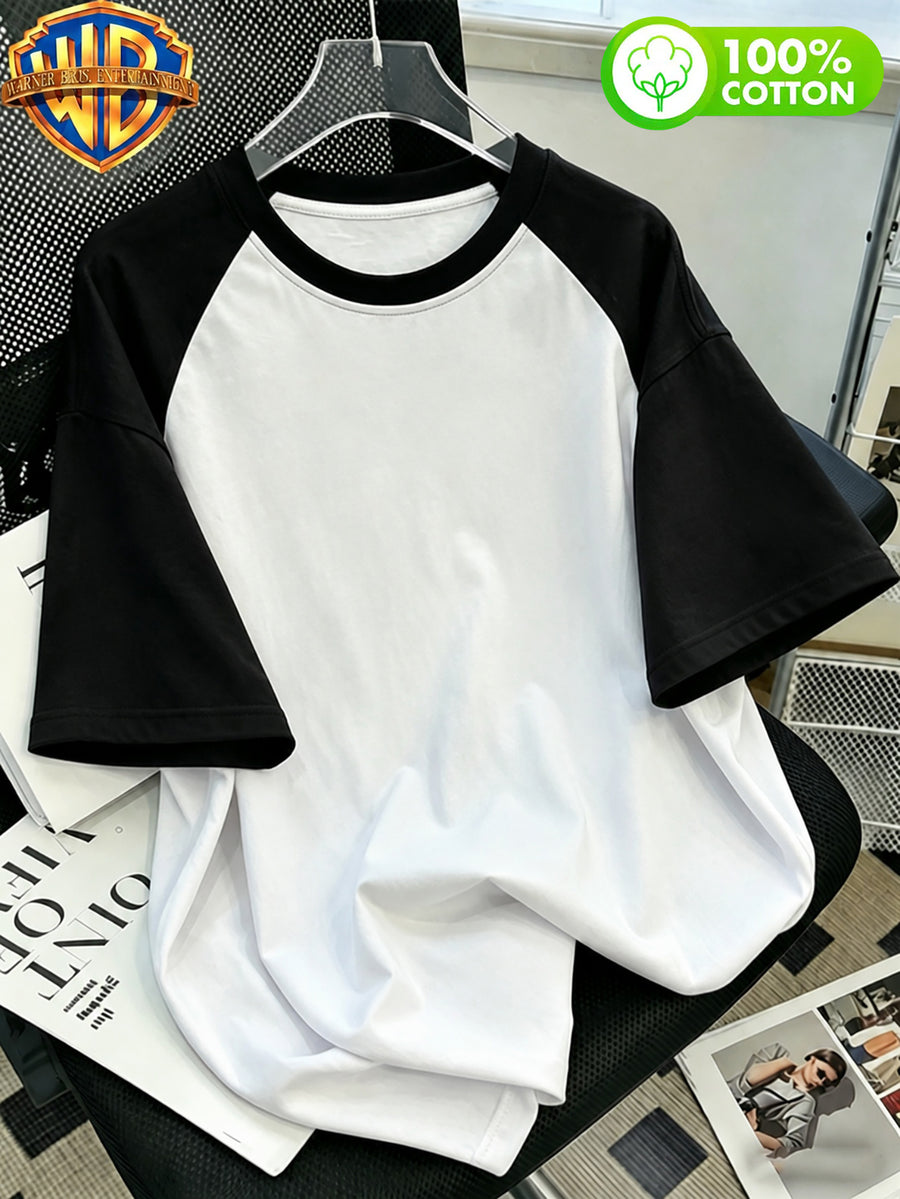 WB Warner, 100% Pure Cotton Black and White Raglan Short Sleeve Men's Basic Casual T-Shirt, Versatile Cotton Tee for Casual Sports, Suitable for Summer Daily Wear, Outdoor Sports, and Party Outfits - Unisex - White