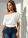 Loose-Fitting Waist, Dropped Shoulder Sleeves, And Sloping Shoulder Collar Women'S White Pure-Color T-Shirt Top. A Must-Have for Summer. Elastic Waistband Accentuates Your Figure. Suitable for Leisure, Dating, Parties, Festivals, And Beach Vacations - White
