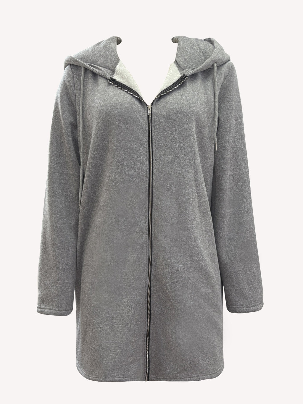 Fashion Women'S Zipper Hooded Mid-Length Solid Color Faux Hooded Warm Coat with Pockets - Grey