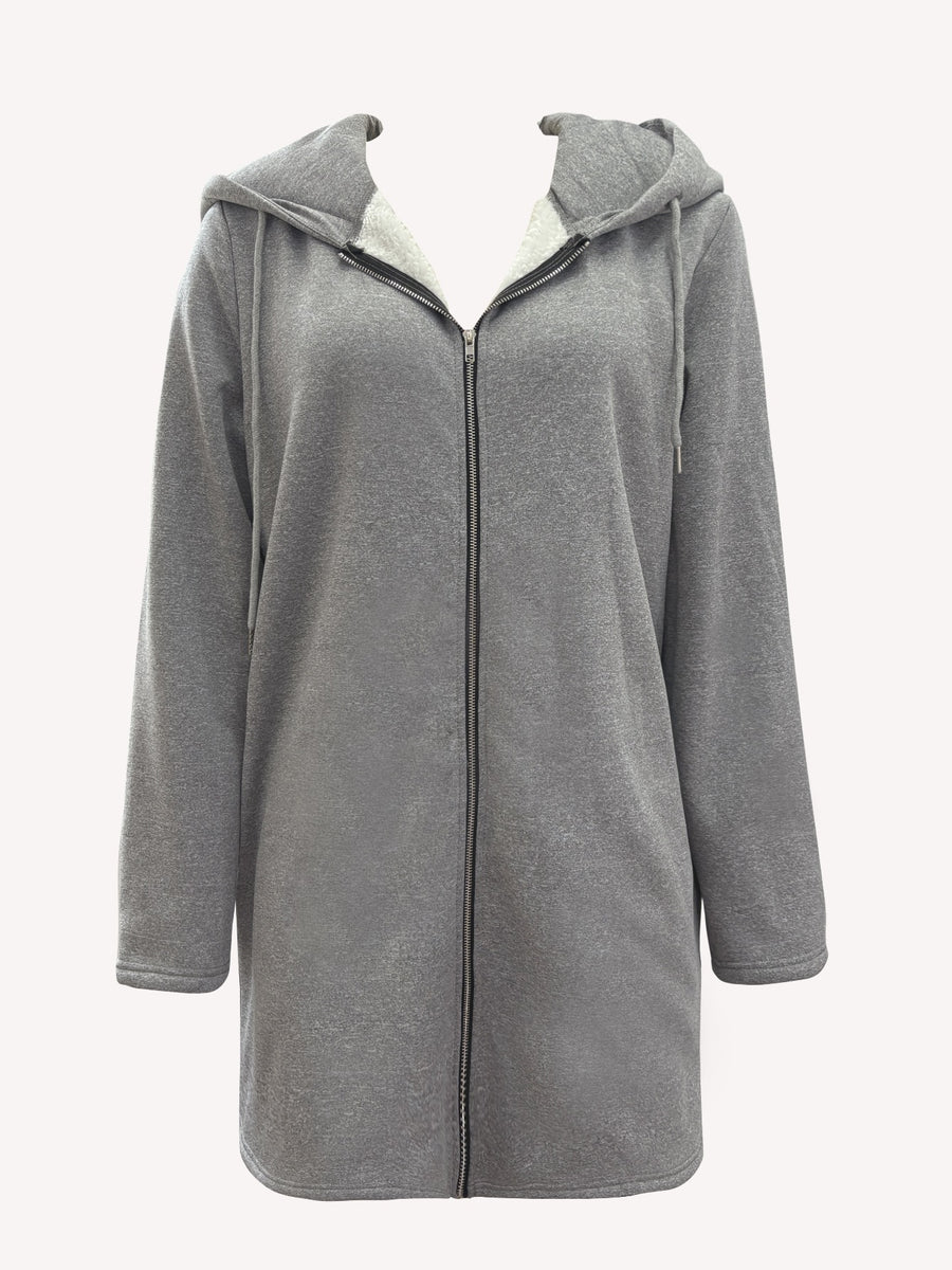 Fashion Women'S Zipper Hooded Mid-Length Solid Color Faux Hooded Warm Coat with Pockets - Grey