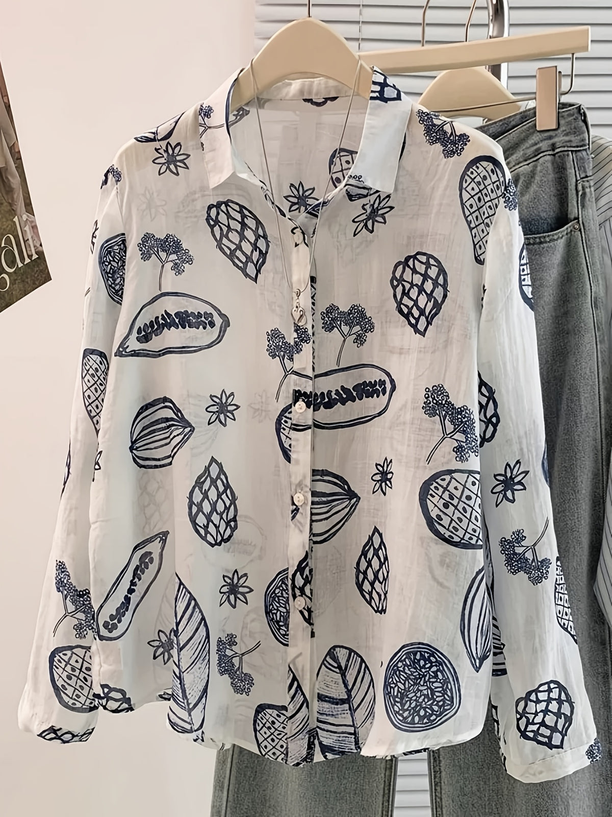 Vintage-Style Printed Long-Sleeve Shirt for Women, New Spring/Summer Loose-Fit Versatile Casual Lapel Outerwear Top - Light Grey