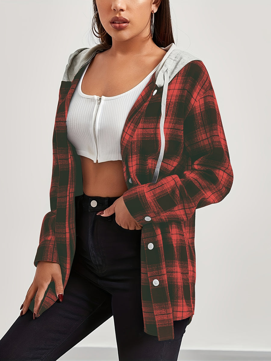 European And American Women'S Autumn And Winter Fashion Plaid Long Sleeve Hooded Shirt - Red